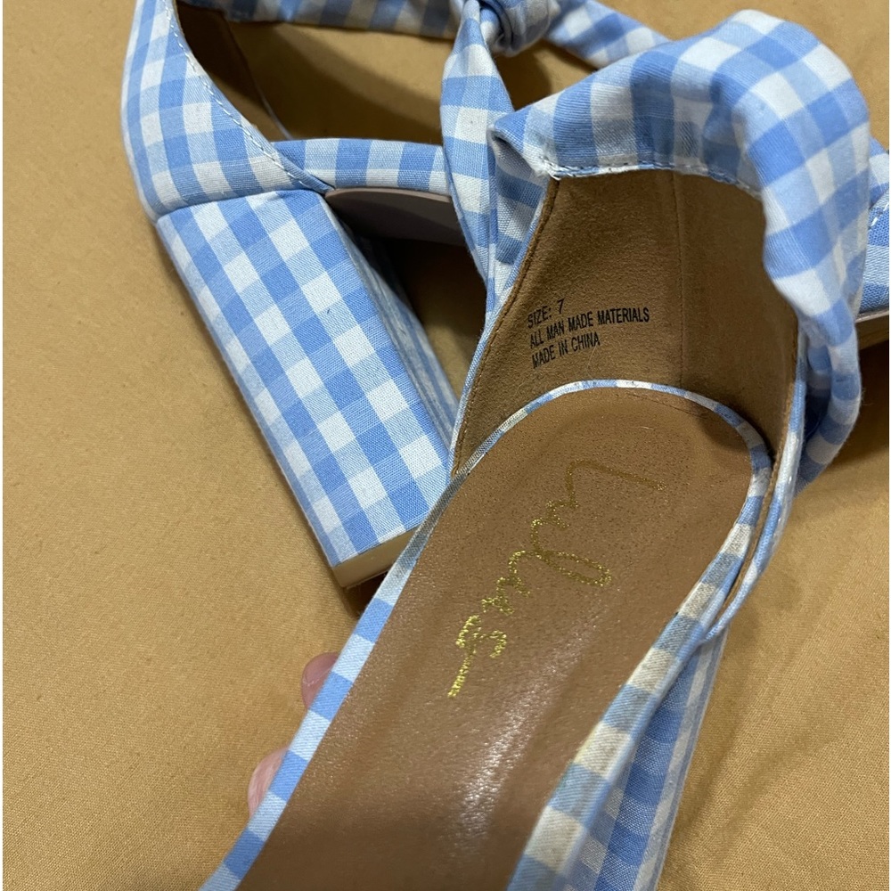Lulu's Blue and White Gingham Tie-Ankle Heels - Picture 4 of 5